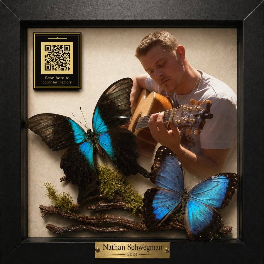 Classic Tribute — 8 by 8 inch handcrafted butterfly memorial for Nathan Schwegman
