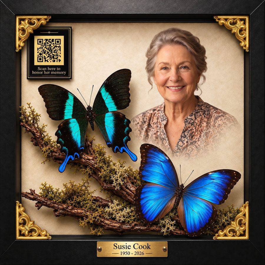 Grand Tribute — 10 by 10 inch handcrafted butterfly memorial for Susie Cook