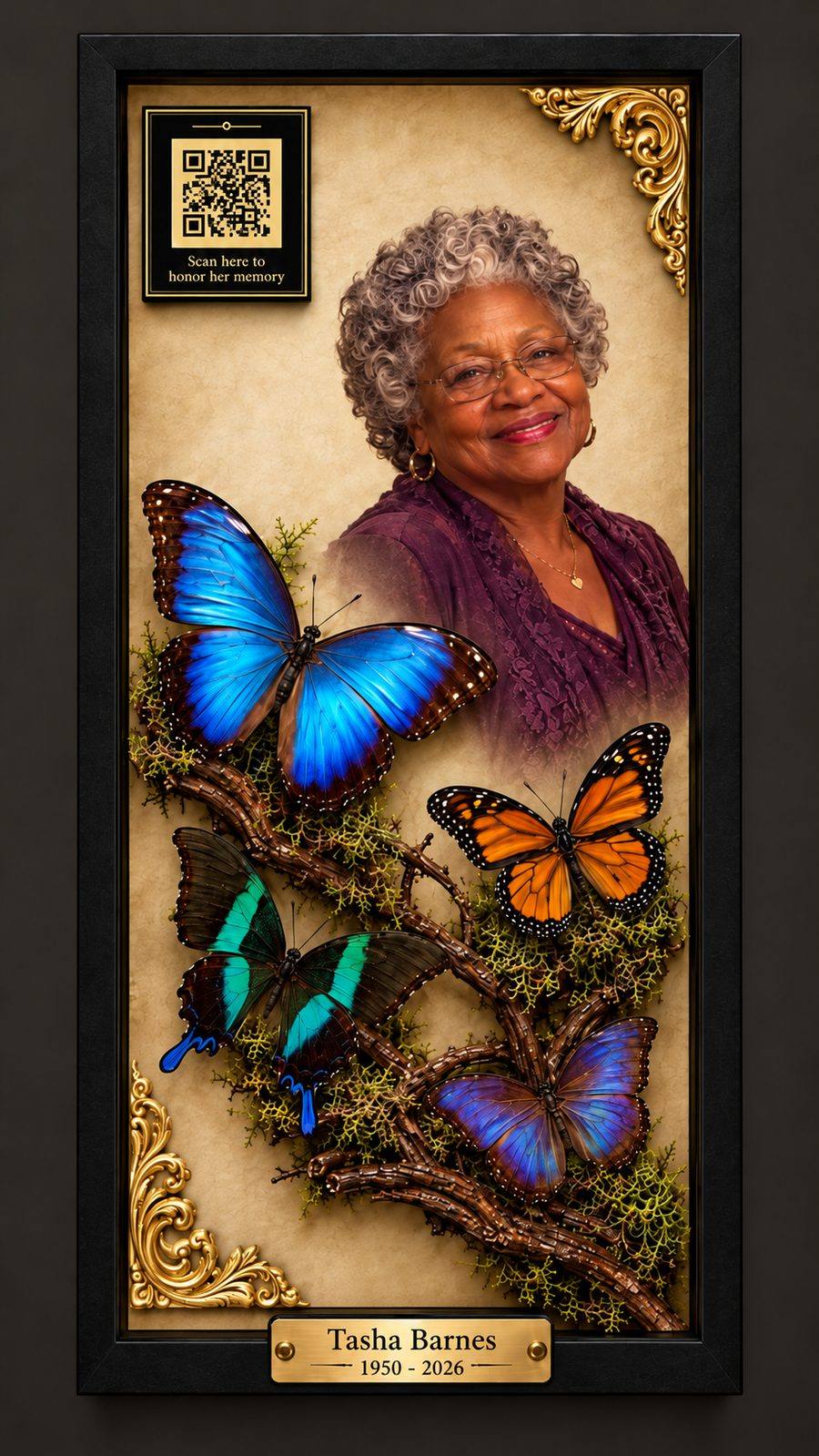 Signature Tribute — 9 by 16 inch handcrafted butterfly memorial for Tasha Barnes